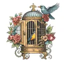 a birdcage with it's door open partially covered with an overcoat  tattoo design idea
