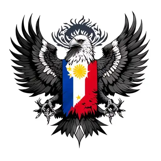 A highly detailed, dark gothic-style tattoo design of a mystical eagle incorporating elements of the Philippine flag. Th tattoo design idea