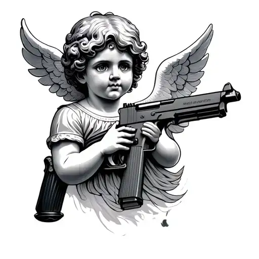 new school cherub with a mac 11  tattoo design idea