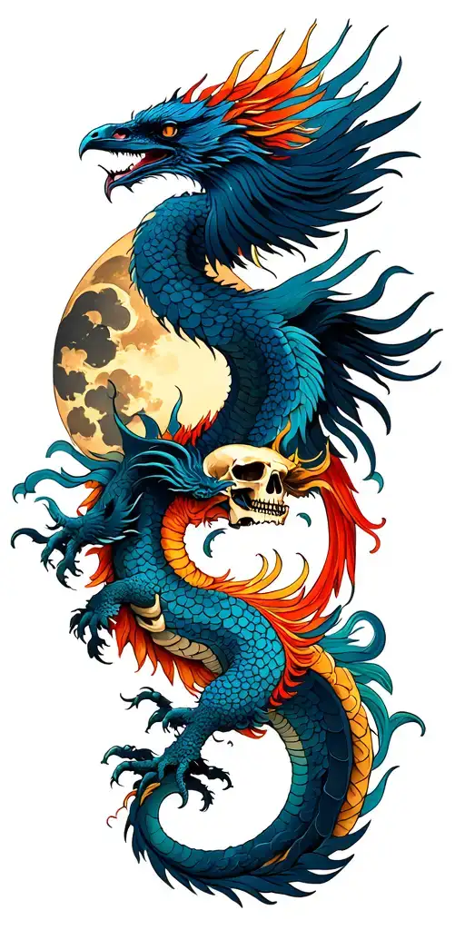 Chinese dragon and phoenix and skull and moon and raven tattoo design idea
