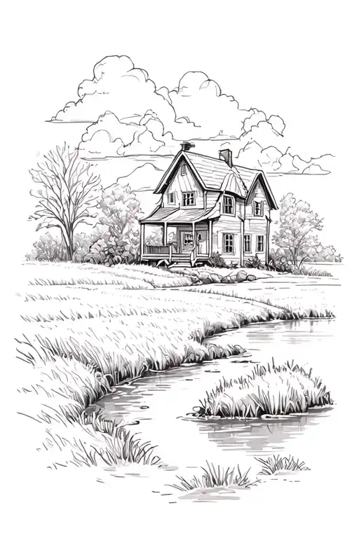 house with field and pond tattoo design idea