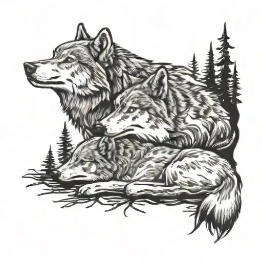 2 wolves laying next to each other in the forest scene tattoo design idea