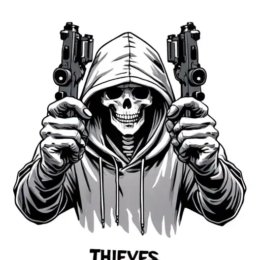 "Thieves" Guy in a hoodie half skeleton holding two guns. Make it so you can barely see his face and make his eyes standout tattoo design idea