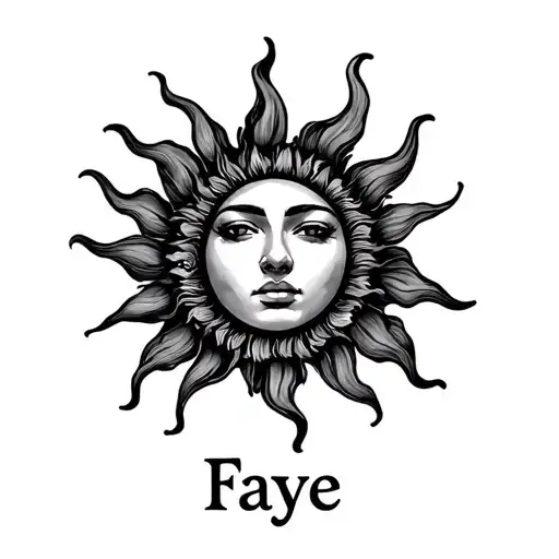 fine line sun with the name Faye tattoo design idea