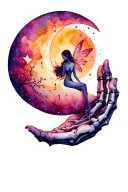 skeleton hand holding a crescent moon with a fairy sitting  tattoo design idea