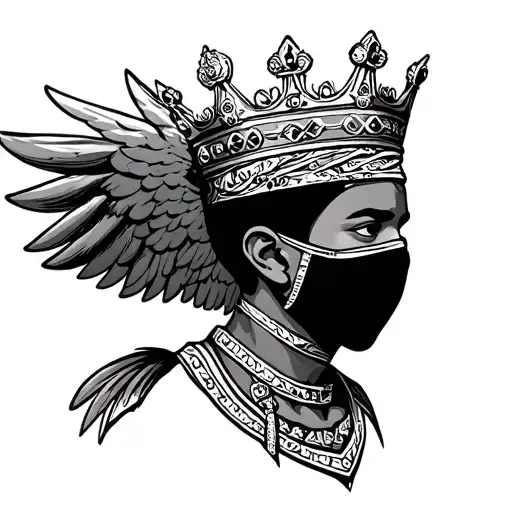 a African cupid wearing a ski mask and a crown tattoo design idea