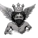 a African cupid wearing a ski mask and a crown tattoo design idea