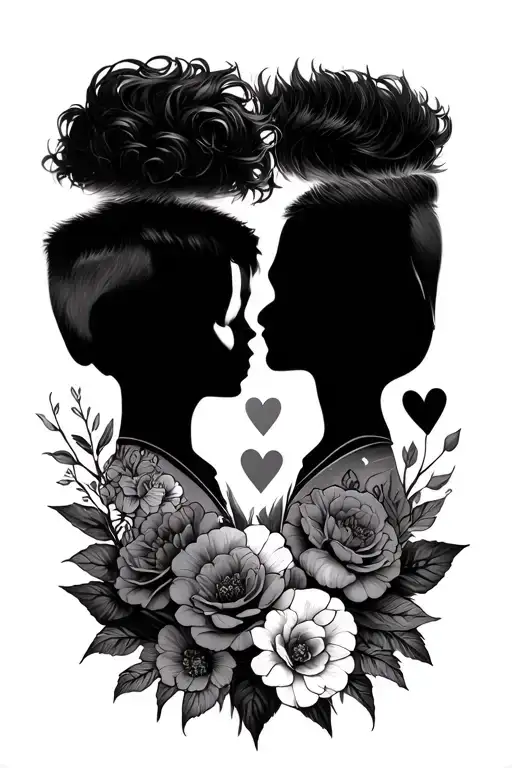 two boys face outlines with flowers and two hearts tattoo design idea