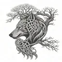 A Celtic knot, tree and wolf merging to wrap around the bicep tattoo design idea