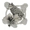 A Celtic knot, tree and wolf merging to wrap around the bicep tattoo design idea