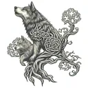 A Celtic knot, tree and wolf merging to wrap around the bicep tattoo design idea