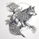 A Celtic knot, tree and wolf merging to wrap around the bicep tattoo design idea