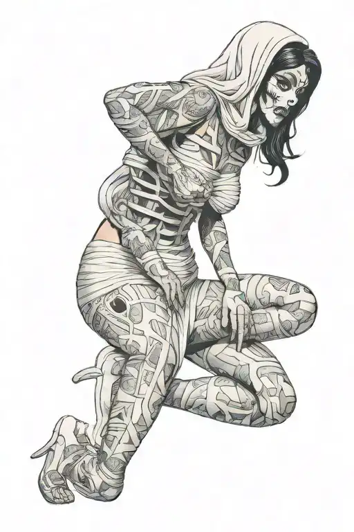 sexy girl mummy full length all in bandages, bandages partially unwound, face not in bandages, black hair, face beautifu tattoo design idea