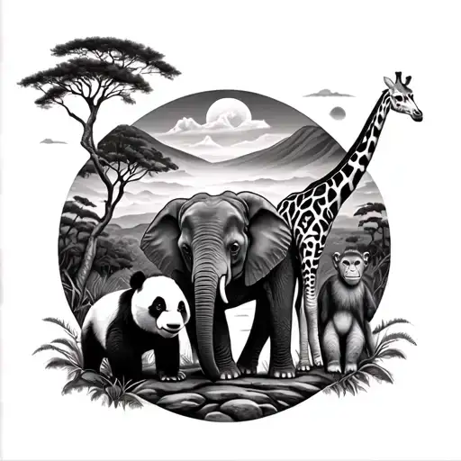 safari scene with elephant, giraffe, monkey and panda with landscape realism tattoo design idea