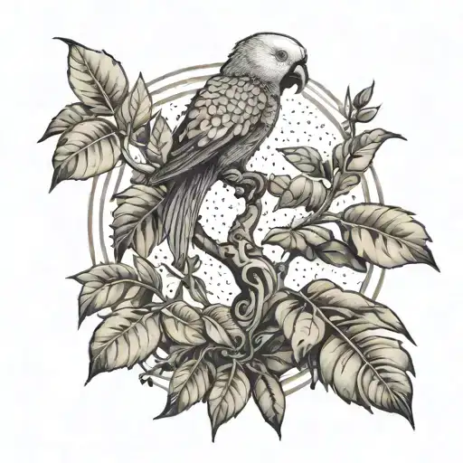 A stylized money tree with parrot perched on top, surrounded by various plant leaves tattoo design idea