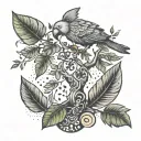 A stylized money tree with parrot perched on top, surrounded by various plant leaves tattoo design idea