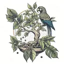 A stylized money tree with parrot perched on top, surrounded by various plant leaves tattoo design idea