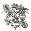 A stylized money tree with parrot perched on top, surrounded by various plant leaves tattoo design idea