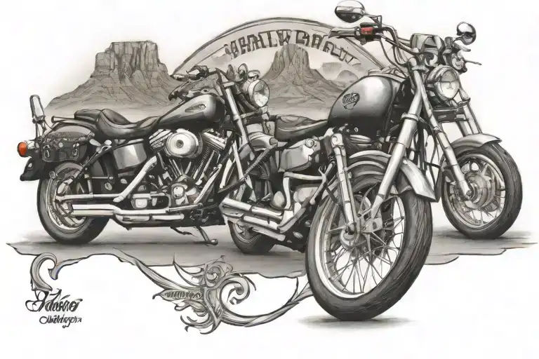 harley davidons in front of table mountain tattoo design idea