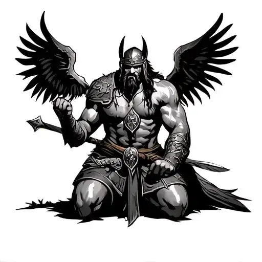 viking spartan warrior kneeling tattoo design idea