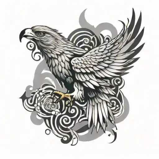 A black-grey tattoo of a mystical hawk surrounded by swirling musical notes and anime-inspired elements, creating a unique and dynamic composition tattoo design idea