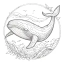 whale swimming through circle of broken glass tattoo design idea