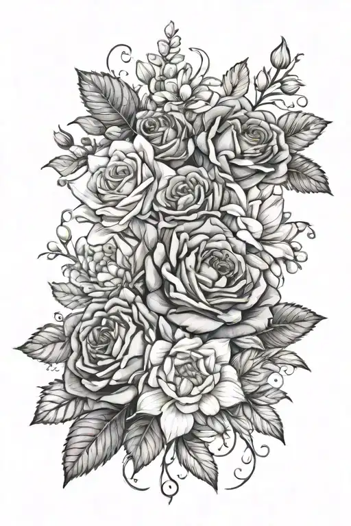 rose, Daisy, larkspur flower, water lilly, Carnation flower, snowdrop and holly flower all wrapped around each other tattoo design idea