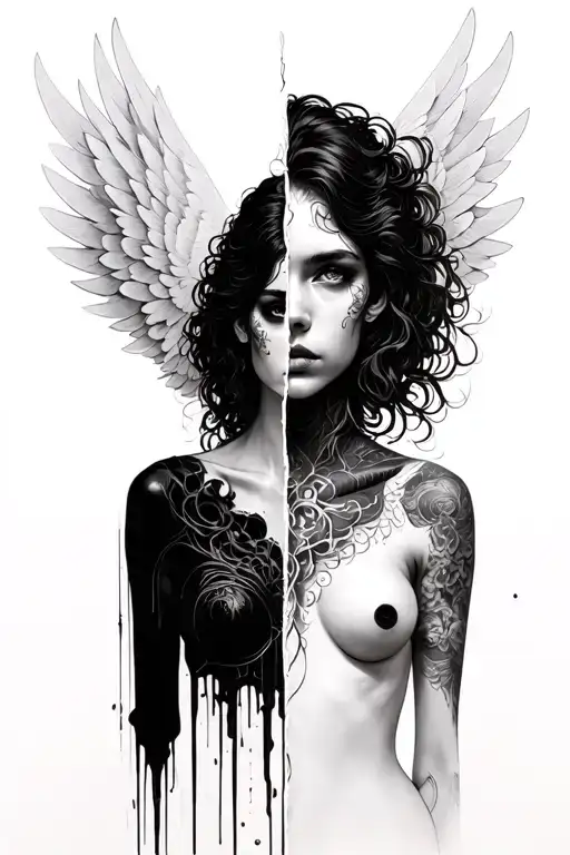 Split Figure,divided perfectly down the middle. One side is light, angelic, with feathered wings. The other side is dark tattoo design idea