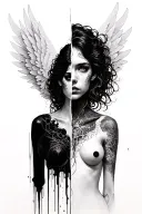 Split Figure,divided perfectly down the middle. One side is light, angelic, with feathered wings. The other side is dark tattoo design idea