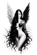 Split Figure,divided perfectly down the middle. One side is light, angelic, with feathered wings. The other side is dark tattoo design idea