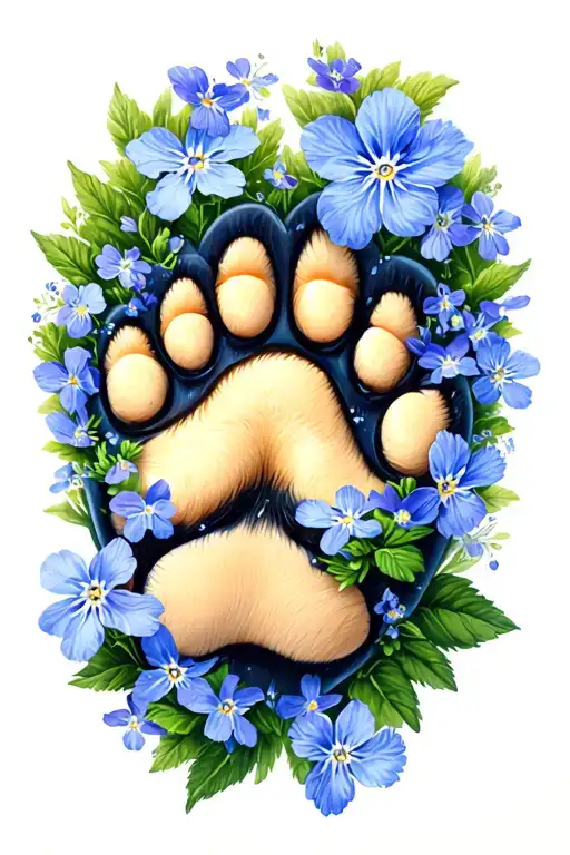 dog paw print, forget me not flowers, Lolly, in a heart shape tattoo design idea
