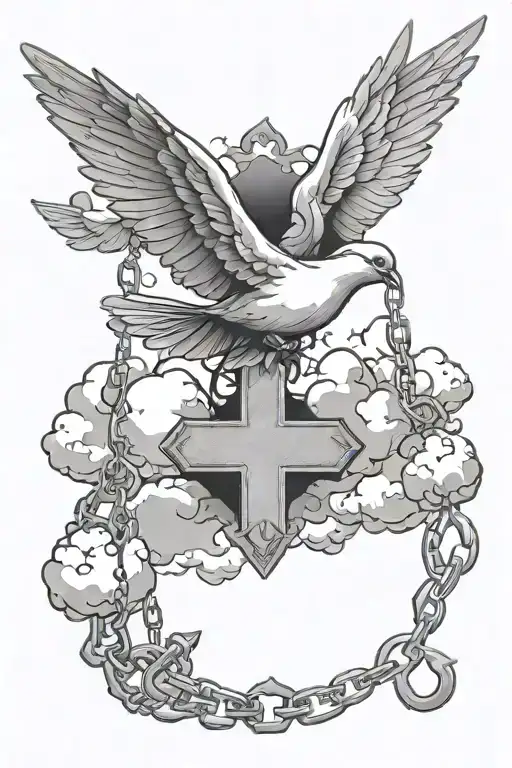 Clouds and doves, cross with chain tattoo design idea