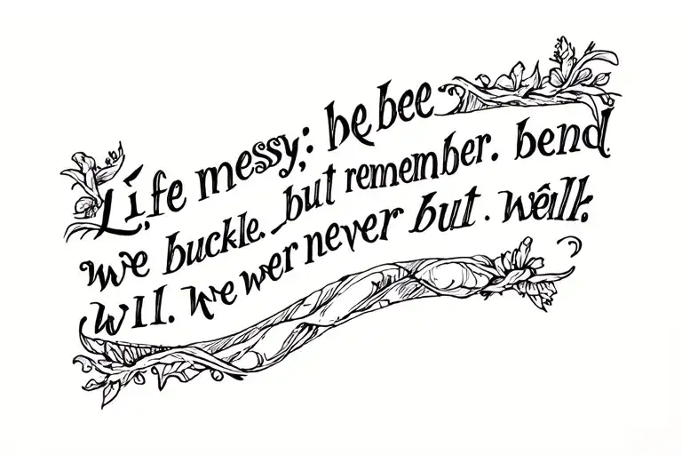 I want the sentence "Life is messy, but remember: we buckle and bend, but we will never break." in elegant writing tattoo design idea