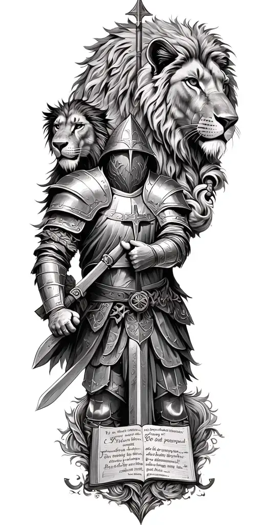 knight templar with a lion and a warrior bible verse written tattoo design idea