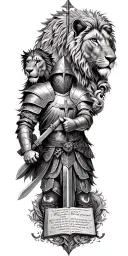knight templar with a lion and a warrior bible verse written tattoo design idea