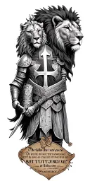 knight templar with a lion and a warrior bible verse written tattoo design idea