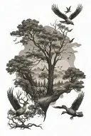trees, a bow hunter, a deer, and ducks flying above tattoo design idea