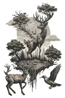 trees, a bow hunter, a deer, and ducks flying above tattoo design idea