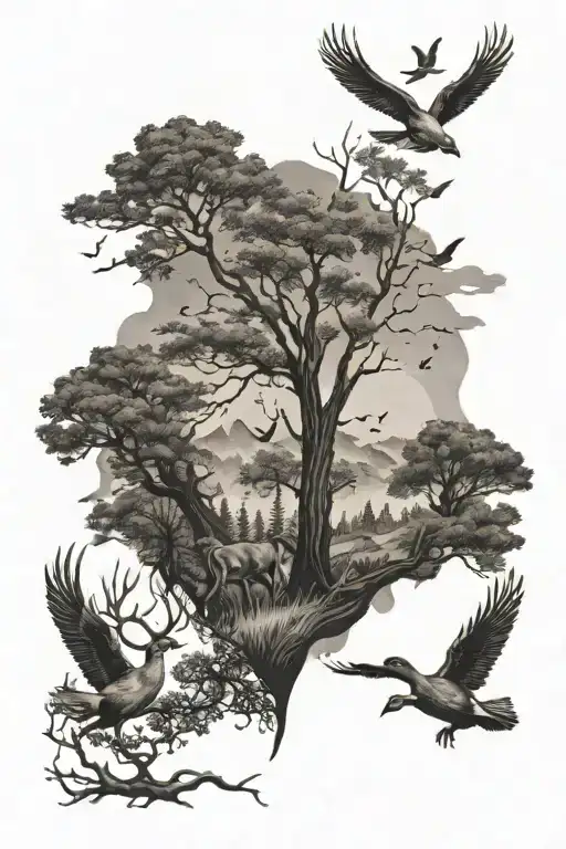 trees, a bow hunter, a deer, and ducks flying above tattoo design idea