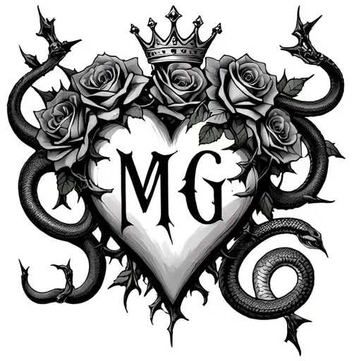"M G" Gothic-style heart entangled with thorns, topped with a crown, four roses, and two angry snakes with Gothic-style letter tattoo design idea