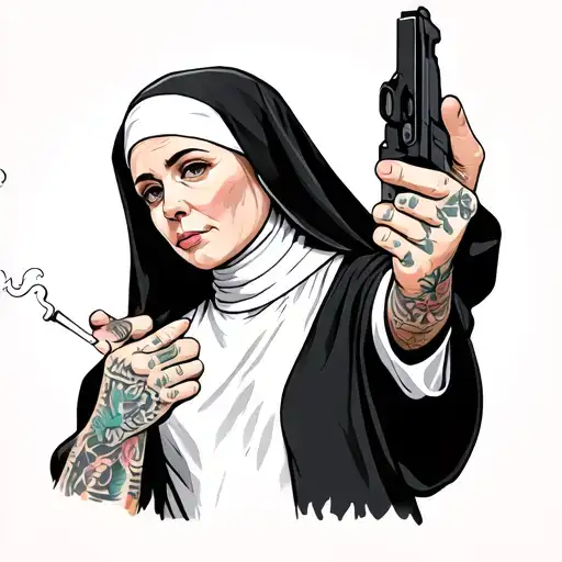 a nun with tattoos smoking a joint while pointing a gun in the air tattoo design idea