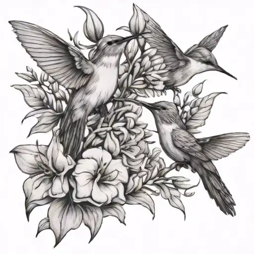 lavender and humming birds tattoo design idea