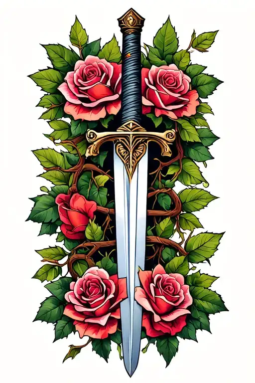 vine with leaves and roses and thorns entwines a sword, starting from the wrist and blossoming to the elbow. tattoo design idea