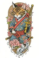 japanese tradiotional style, samurai cat holding a katana, water splashing, ltus flower, sakura flower, peony flower, cl tattoo design idea