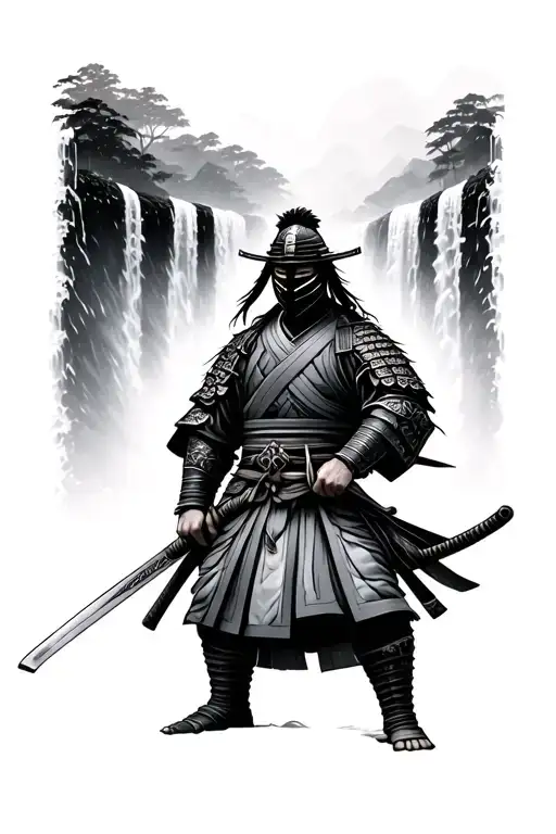 Japanese samurai warrior wearing mask holding a katana standing sideways with waterfall behind him tattoo design idea