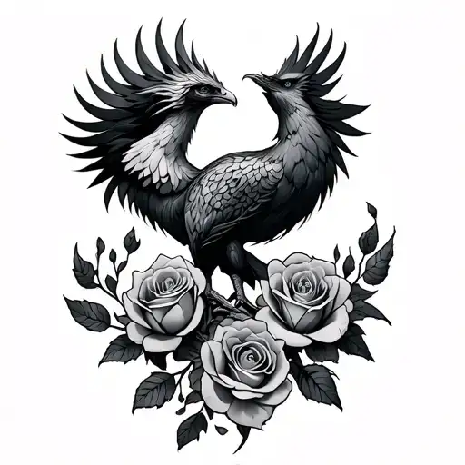 Phoenix and roses entwined tattoo design idea