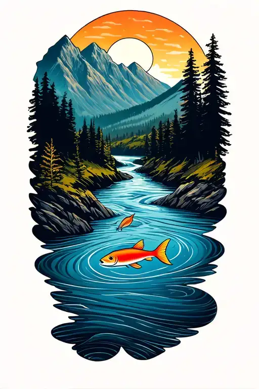 river flowing in wilderness, fish swiming downstream, mountains around tattoo design idea