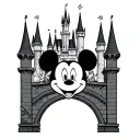 disney castle. mickey mouse  head on the archway  tinker bell pixie dust and Tigger  sneaking behind  the castle  tattoo design idea