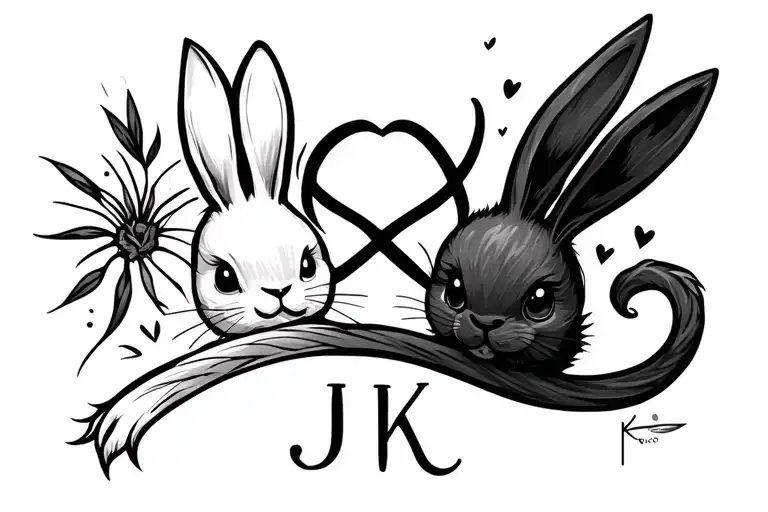 A simple single line tattoo with a bunny infinity sign and written JK  tattoo design idea