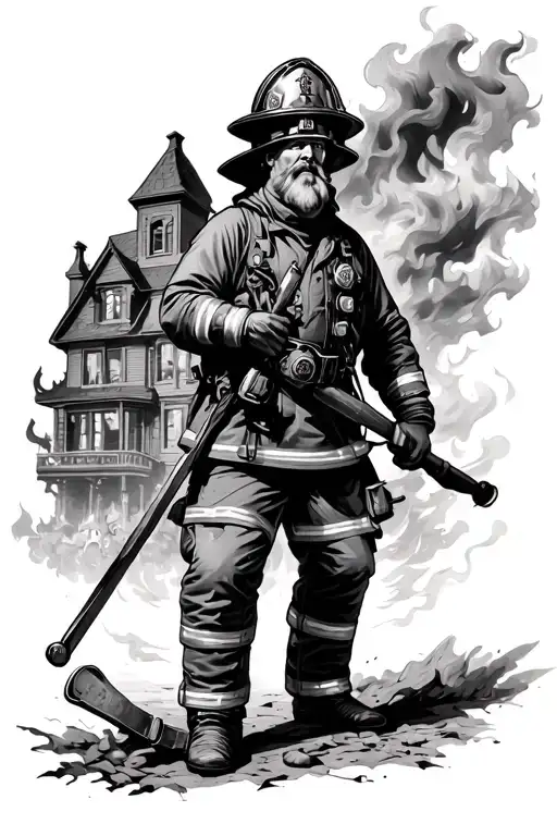 st Florian firefighter with burning house tattoo design idea